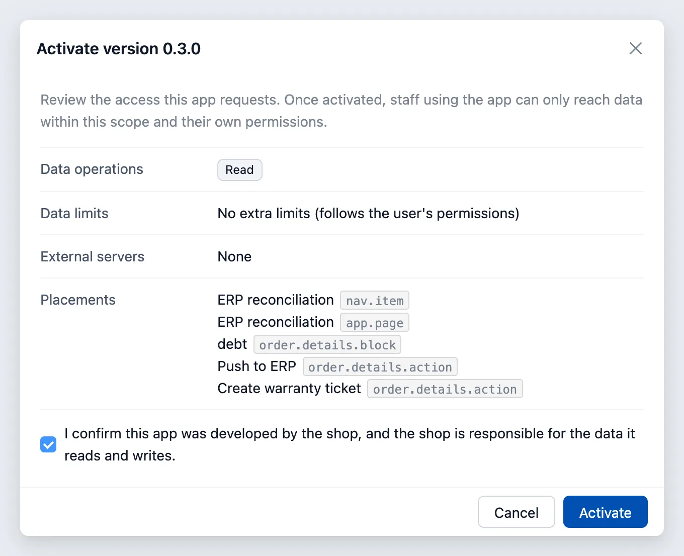 The access review shown before activating a version